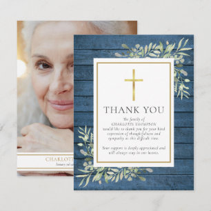 Blue Rustic Wood Greenery Christian Photo Funeral Thank You Card
