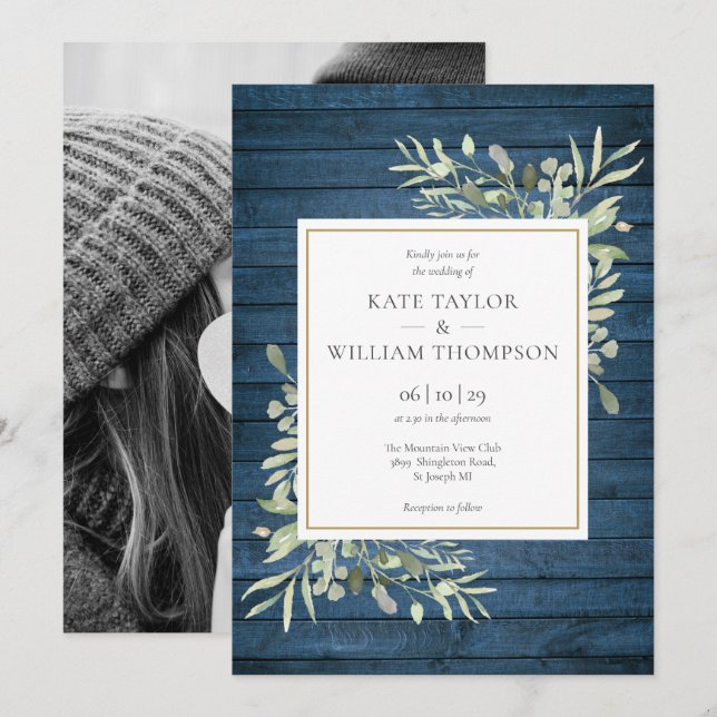 Blue Rustic Wood Greenery Country Wedding Photo Invitation (Front/Back)