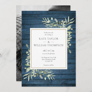 Blue Rustic Wood Greenery Country Wedding Photo Invitation