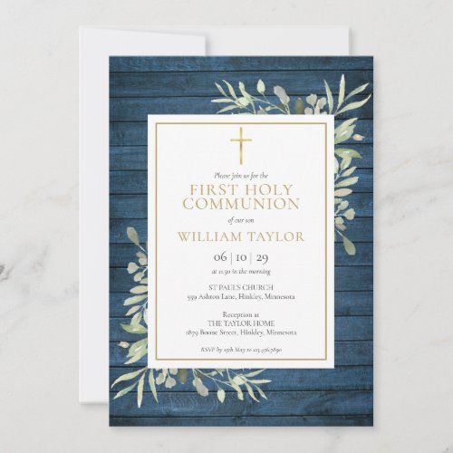 Blue Rustic Wood Greenery First Holy Communion Invitation