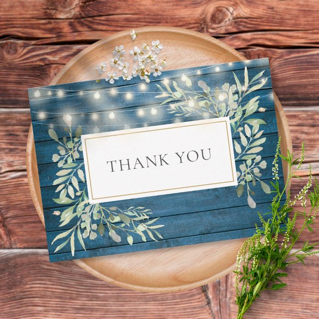 Blue Rustic Wood Greenery String Lights Thank You (Creator Uploaded)