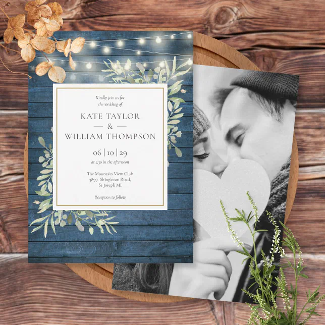 Blue Rustic Wood Greenery String Lights Wedding Invitation | Zazzle