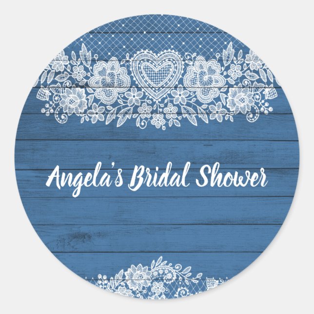 Blue Rustic Wood Lace Farmhouse Barn Chic Classic Round Sticker (Front)