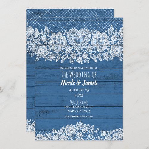 Blue Rustic Wood Lace Farmhouse Barn Wedding Invitation