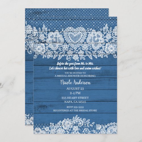 Blue Rustic Wood Lace Farmhouse Bridal Shower Invitation