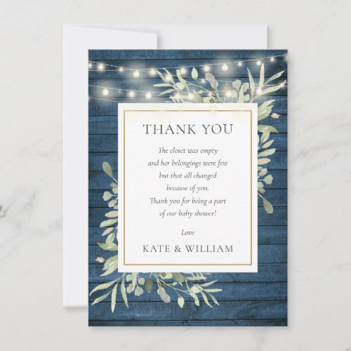 Blue Rustic Wood Lights Greenery Baby Shower Poem Thank You Card