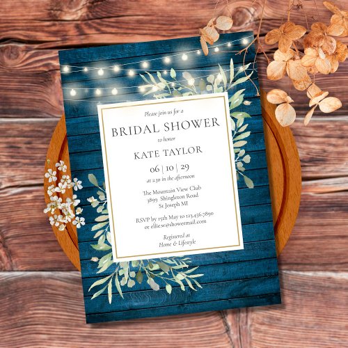 Blue Rustic Wood Lights Greenery Bridal Shower Invitation