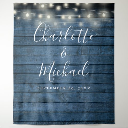 Blue Rustic Wood Lights Wedding Photo Backdrop