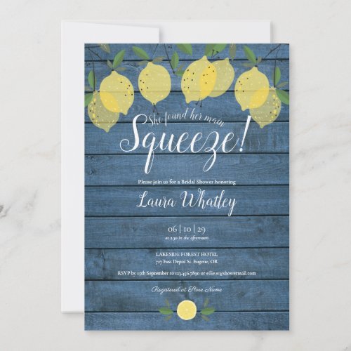 Blue Rustic Wood Main Squeeze Lemon Bridal Shower Invitation