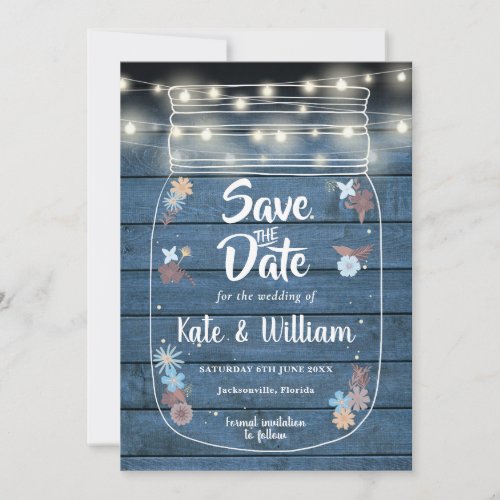 Blue Rustic Wood Mason Jar String Lights Floral Save The Date