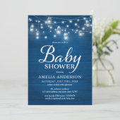 Blue Rustic Wood Mason Jars and Lights Baby Shower Invitation (Standing Front)