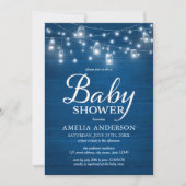 Blue Rustic Wood Mason Jars and Lights Baby Shower Invitation (Front)