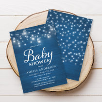 Blue Rustic Wood Mason Jars and Lights Baby Shower Invitation