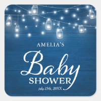 Blue Rustic Wood Mason Jars and Lights Baby Shower Square Sticker