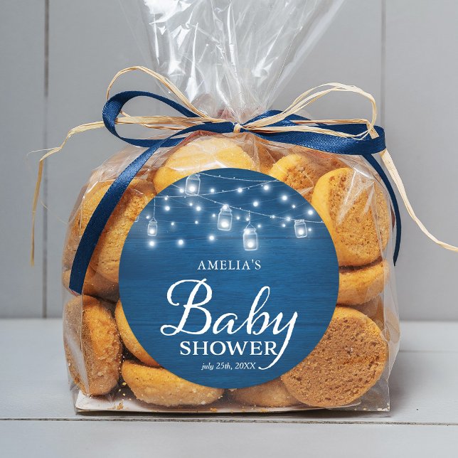 Blue Rustic Wood Mason Jars Lights Baby Shower Classic Round Sticker (Creator Uploaded)