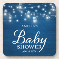 Blue Rustic Wood Mason Jars Lights Baby Shower Drink Coaster