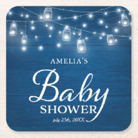 Blue Rustic Wood Mason Jars Lights Baby Shower Square Paper Coaster