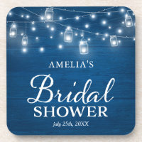 Blue Rustic Wood Mason Jars Lights Bridal Shower Drink Coaster