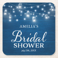 Blue Rustic Wood Mason Jars Lights Bridal Shower Square Paper Coaster