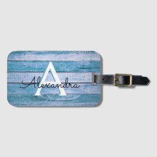 Blue Rustic Wood Monogram Name and Initial Luggage Tag