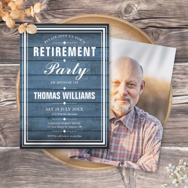 Blue Rustic Wood Panels Photo Retirement Party Invitation | Zazzle