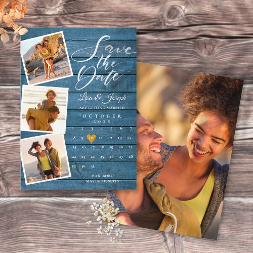 Blue Rustic Wood Photo Collage Calendar Wedding Save The Date