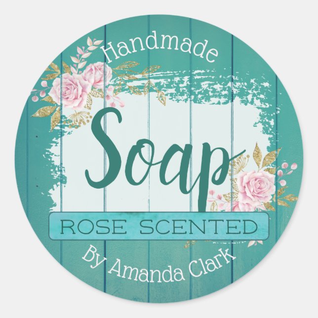 Blue Rustic Wood Pink Roses Soap Labels (Front)