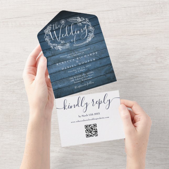 Blue Rustic Wood QR Code Monogram Floral Wedding All In One Invitation (Tearaway)