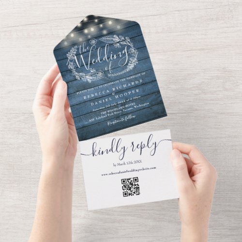 Blue Rustic Wood QR Code String Lights Wedding All In One Invitation