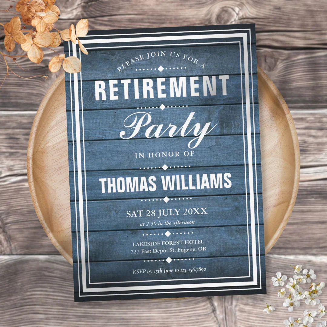 Blue Rustic Wood Retirement Party Invitation (Creator Uploaded)