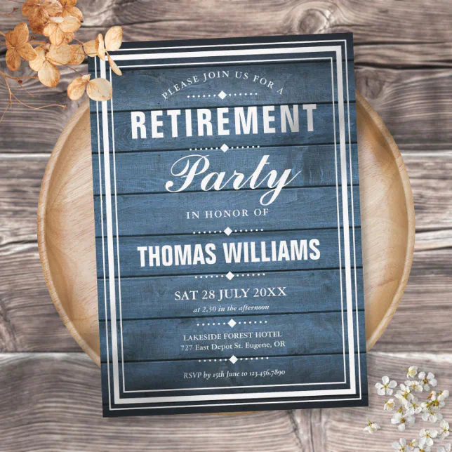 Blue Rustic Wood Retirement Party Invitation 