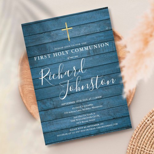 Blue Rustic Wood Script First Holy Communion Invitation