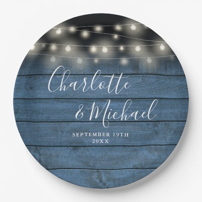 Blue Rustic Wood Signature Script Wedding Paper Plates (Front)