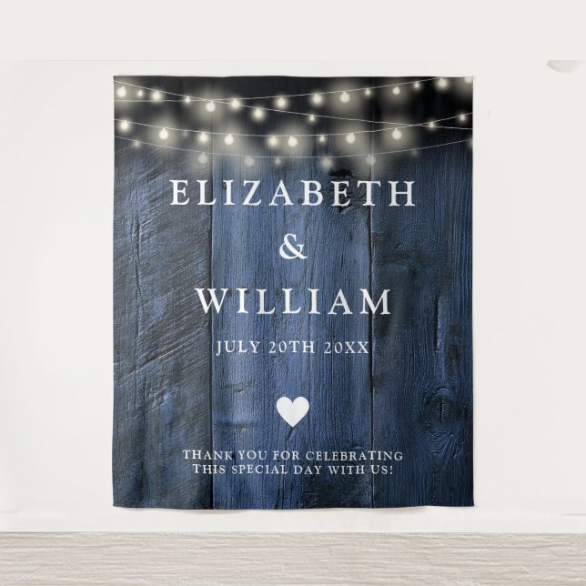 Blue Rustic Wood String Light Photo Booth Backdrop (Front)