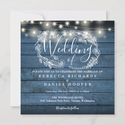 Blue Rustic Wood String Light Square Photo Wedding Invitation