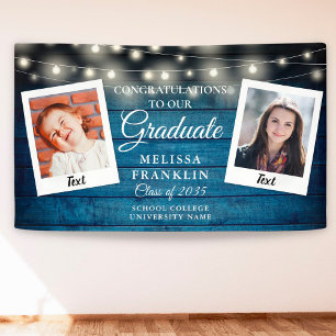 Blue Rustic Wood String Lights 2 Photo Graduation  Banner