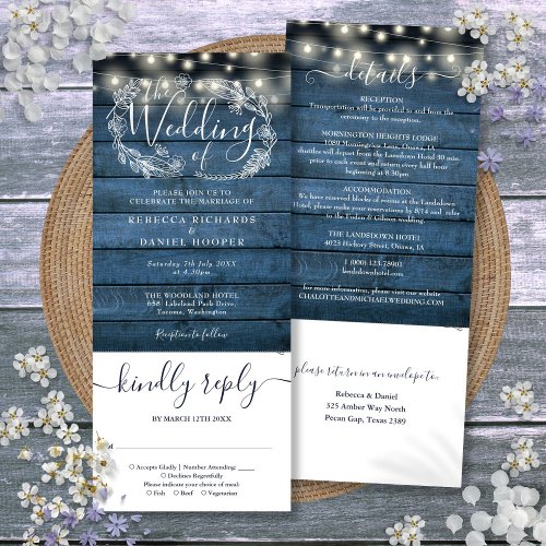 Blue Rustic Wood String Lights All In One Wedding Invitation