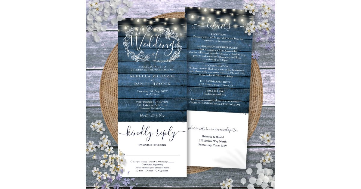 Blue Rustic Wood String Lights All In One Wedding Invitation | Zazzle