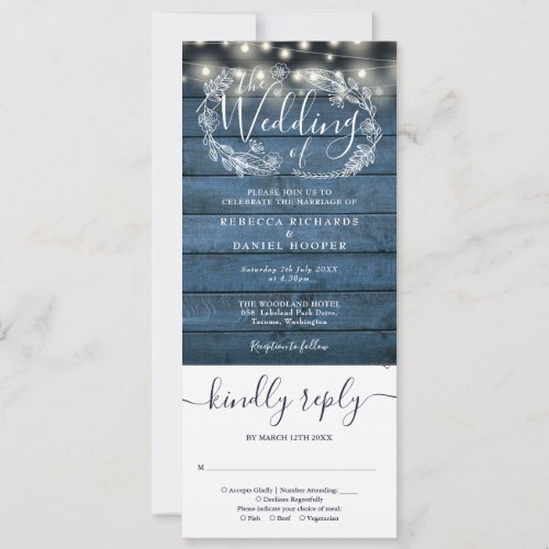 Blue Rustic Wood String Lights All In One Wedding Invitation