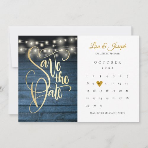 Blue Rustic Wood String Lights Calendar Gold Heart Save The Date