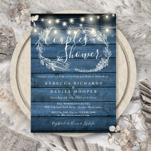 Blue Rustic Wood String Lights Couples Shower  Invitation