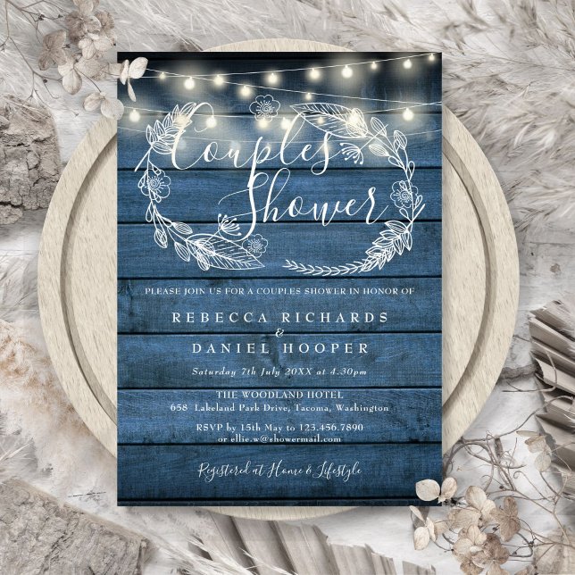 Blue Rustic Wood String Lights Couples Shower  Invitation (Blue Rustic Wood String Lights Couples Shower Invitation)