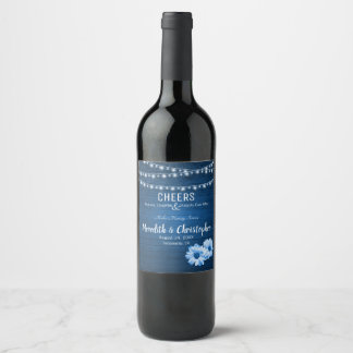 Blue Rustic Wood String Lights Daisy Wedding Wine Label