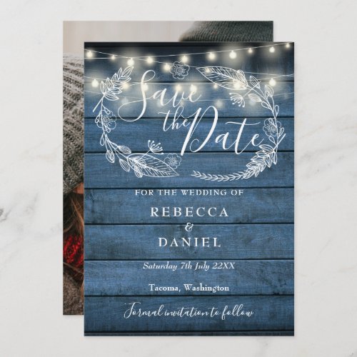 Blue Rustic Wood String Lights Floral Photo Save The Date