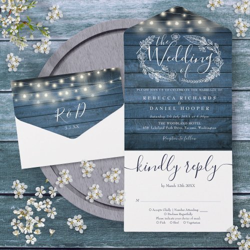 Blue Rustic Wood String Lights Floral Wedding All In One Invitation