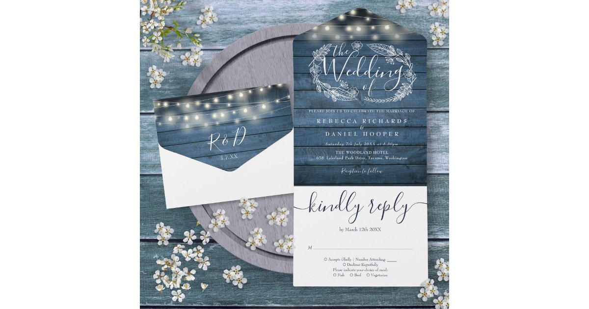 Blue Rustic Wood String Lights Floral Wedding All In One Invitation ...