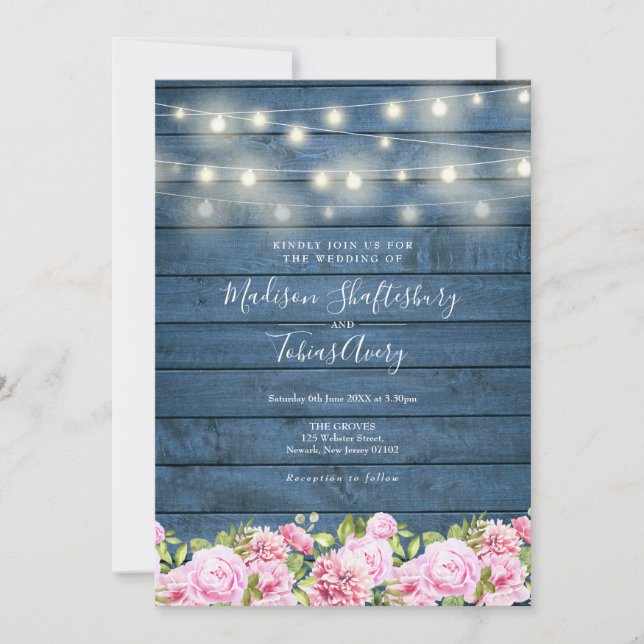 Blue Rustic Wood String Lights Floral Wedding Invitation (Front)