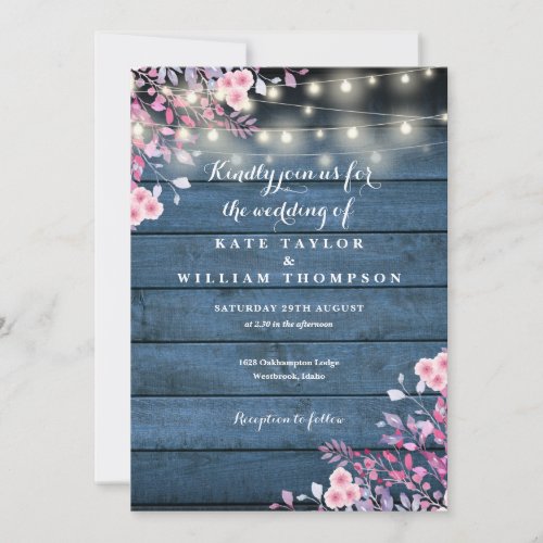 Blue Rustic Wood String Lights Floral Wedding Invitation