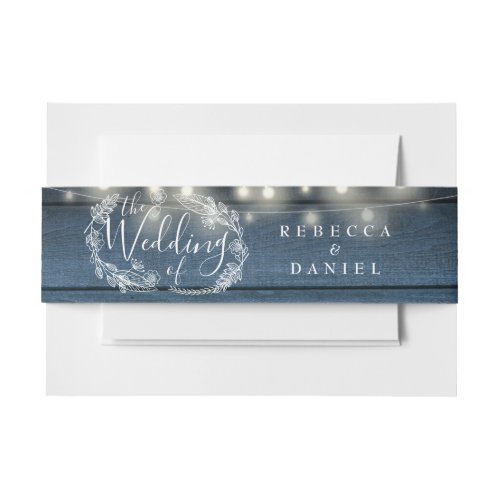 Blue Rustic Wood String Lights Floral Wedding Invitation Belly Band