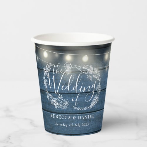 Blue Rustic Wood String Lights Floral Wedding Paper Cups